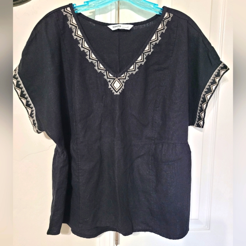 Black Embroidered V-Neck Top